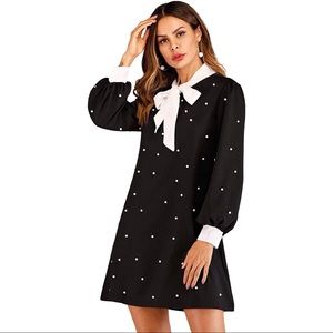 Black Long Sleeve Tie Neck Pearl Dress